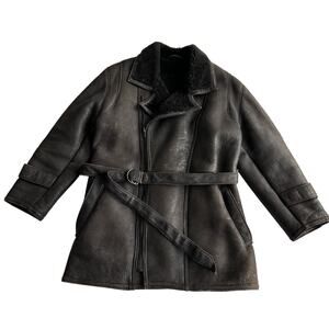 Tanco VTG Genuine Shearling Belted Black Trench Cut Asymmetric Zip Jacket S